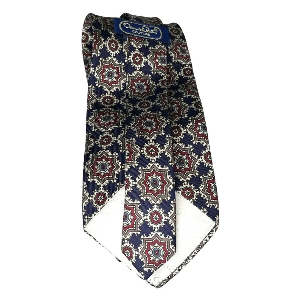 Oscar De La Renta Couture 100% Silk Red Blue Brown & White Geometric Men's Tie - Picture 10 of 10